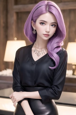 1girl, (masterpiece,best quality:1.5), ultra realistic,32k,RAW photo,(high detailed skin:1.2), 8k uhd, dslr, soft lighting, high quality, film grain, masterpiece,ultra realistic,32k,extremely detailed CG unity 8k wallpaper, best quality,(winter day ),lady ,necklace ,eardrop, Grand Canyon, United States, ( Black wear a pencil skirt with a silk blouse ) , light purple hair ,, loop lighting, Color splash,wonder beauty 