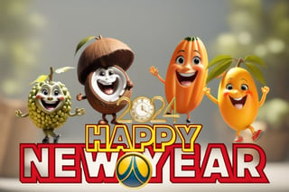 (((masterpiece))),best quality, fruit characters in a cartoon movie are celebrating new year