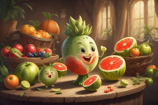 (((masterpiece))),best quality, fruit characters in a cartoon movie are celebrating new year