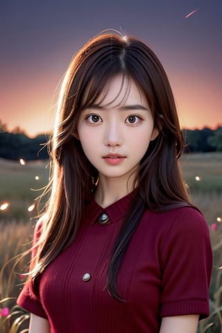 fashion portrait photo of beautiful young woman from Korea wearing a red wool underwear standing in the middle of a open space meadow, taken on a hasselblad medium format camera, ((closeup top shot)), ((fireflies)),