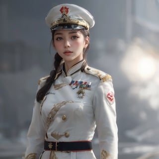 (glamour1.3) photo of a beautiful young confident woman Military officer, BREAK (((wearing offical army white uniform))), BREAK (blush, blemishes:0.6), (goosebumps:0.5), subsurface scattering, iridescent eyes, detailed skin texture, hourglass body shape, textured skin, realistic dull skin noise, visible skin detail, skin fuzz, dry skin, petite, remarkable color, (photorealistic:1.3), fullbody, dramatic lighting, golden_ratio, rule_of_thirds, Fujicolor_Pro_Film,1 girl,slender body,best face ever in Asia