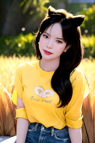 centered, award winning full body portrait, (detailed body and face), hyperealistic shadows, (looking at viewer), | young woman, Vietnamese| wearing a yellow shirt and short jeans, blurred background, bokeh, depth of field, | Vast golden rice field, bun hair, hot body singer,best face ever in Asia,Blonde long hair and hot body singer