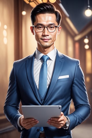 A gentle man, 35 yo, Vietnamese, showing ipad screen displaying a solid with image, wears comfortable suit, fashionista, young face, trustable face, happy emotions, TDNM,Enhanced All, glasses