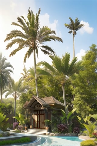 Masterpiece, high quality, 8k, perfect photo of a villa in tropical country, sunlight, tree, natural, full detail.