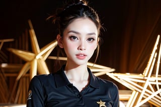 masterpiece,(best quality),ultra-high-resolution, Marketing photoportrait of 1 Vietnamese celeb, beautiful and friendly, detail face, perfect makeup, bun_hairstyle, wearing red polo shirt has a big golden star, (((background is a blank black color))). Full detail, 8k, brightful lighting all to character, Vvid colors.