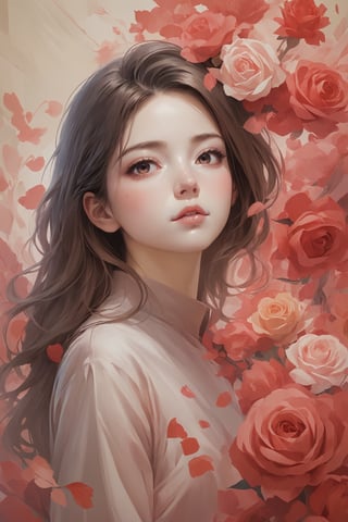 Create a modern-styled sketch portrait in silk textured paper of a gentle lady inspired by roses and love, utilizing the vibrant color palettes and sleek lines reminiscent of the works by Chinese contemporary artist Zhang Xiaogang, background is full of roses abstracts,xxmix_girl