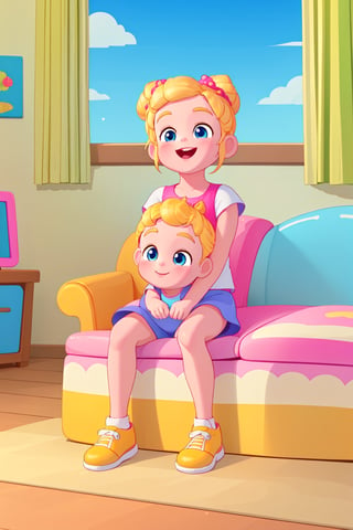 best quality, masterpiece, full hd, happy, netflix cartoon, Bebefinn Style; 
a girl kid, blonde bun  hair, about 7yo, sitting on sofa 
