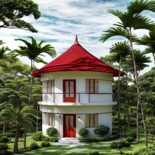 A round house, 2 floors, Conical ((((red)))) tile roof ,  in the middle of a green space, masterpiece, details, wonderful architectural image, brown door, blue glasses, white wall, black stell upstairs,Wonder of Art and Beauty, raw photo, masterpieces ,Round house,bird 's-eye view,luxury interior