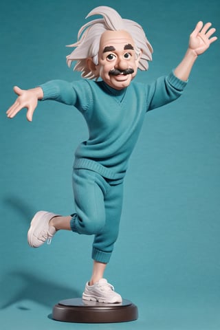 Caricature figure of albert einstein , head, legs, feet, wearing sweater , teal dimentional background, high-res,Wonder of Art and Beauty,3DMM,Caricature drawing style