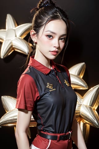 masterpiece,(best quality),ultra-high-resolution,portrait of 1 Vietnamese celeb, beautiful, sweetie_body, white smooth skin, detail face, perfect makeup, bun_hairstyle, wearing (red polo shirt has a big golden star), (((background is a blank black color))). Full detail, 8k, brightful lighting all to character, Vvid colors.