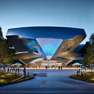 A sleek, futuristic building stands prominently in an edutainment park, bathed in neon lights under a twilight sky. The structure features sharp angles and glass facades, reflecting a vibrant, interactive display of holographic projections. Visitors in modern attire explore the area, some engaging with interactive exhibits. The composition captures the dynamic energy of the park, with the building as the focal point, surrounded by lush, landscaped areas and high-tech attractions. The lighting emphasizes the contrast between the cool, metallic surfaces and the warm glow of artificial illumination.