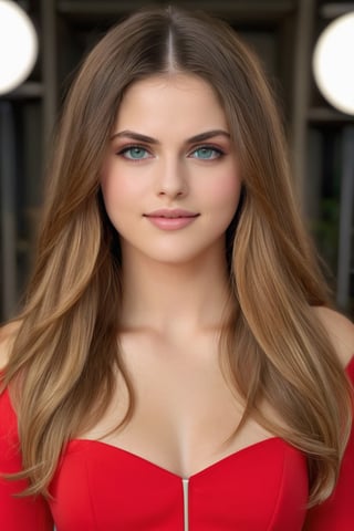 (masterpiece), photorealistic, full body (30-year-old woman), (Alexandra Daddario) beautiful face, dressed in a red suit with a very short skirt, studio lighting, cinematic light, (Alexandra Daddario) with beautiful green eyes, beige hair medium milk, perfect anatomy, very cute smile, princess eyes, (black eyes), (head frame), central image, style, bioluminescent, life size 8, 8k resolution, human hands, curiously complete, elegant, close to perfection, dynamic, highly detailed, character sheet, concept art, smooth, positioned so that their bodies are symmetrical and balanced directly towards the viewer, incredibly beautiful girl, detailed hairstyles.