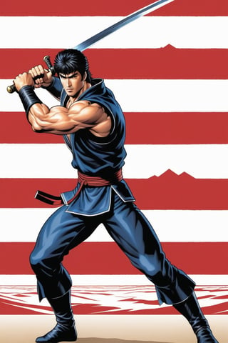 A figure resembling Kenshiro, a ninja warrior dressed in armor and a hood, strikes a heroic kicking pose while holding a ninja saber. muscles, he stands before a mountainous background, with his left arm and his back down, as if captured in a moment from a poster illustration by René Auberjonois, without repeated characters.