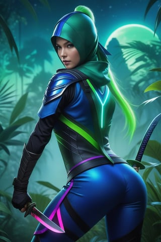 A female ninja depicted in a blue and green suit, wielding a sword, is depicted in full body with iridescent details and neon edges. Her face is hidden with a hood, against a night jungle background. She is dressed in a Ninja suit or tunic and a bow, bushes, realistic images, personified in the style of Mortal Kombat and presented in cinematic quality and 16K resolution.