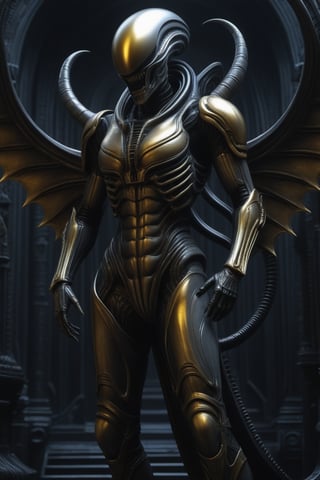 A creative depiction of a xenomorph (gray and gold skin) set in a dark gothic setting, reminiscent of the styles of Hans Rudolf Giger and Zdzislaw Beksinski, and inspired by Artstation. This sci-fi scene features intricate detail, epic realism, and a photorealistic quality achieved through octane rendering. The studio work features HDR, sharp focus and high image detail, capturing the essence of the dark art of Hans Rudolf Giger and Zdzislaw Beksinski in an 8K-rendered masterpiece.