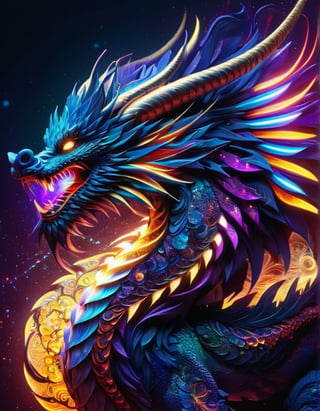 (Best quality), a majestic chinese dragon made of fractal forms, ((Astract style)), neons lights, (shiny lines), striking lighting, hyper details textures, hyper detailed skin, perfect contrast, 8k res.