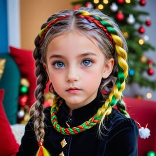 best quality, masterpiece, (futuristic photo of litle  panther), colorful hair, grey eyes, national geography style, clothes with Christmas themes, looking up, upper body, hair strand, Fair skin, side braids, (living room decorated for christmas), (acid colors), perfect contrast,<lora:659095807385103906:1.0>