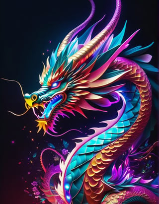 (Best quality), a majestic chinese dragon made of fractal forms, ((Astract style)), neons lights, (shiny lines), striking lighting, hyper details textures, hyper detailed skin, perfect contrast, 8k res.