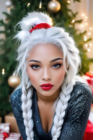 best quality, masterpiece, (chameleonic photo) of african girl , white hair, grey eyes, lush & full lips, clothes with Christmas themes, looking up, upper body, hair strand, Fair skin, side braids, (living room decorated for christmas), (acid colors), perfect contrast