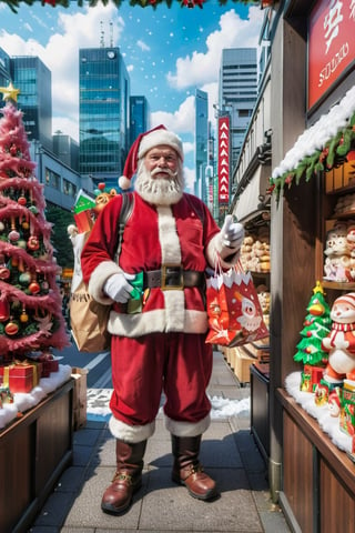 Santa Claus immersed in the anime and manga wonderland of Studio Ghibli, Santa, donned in a festive outfit, passionately browses through specialized stores, carefully examining and excitedly acquiring a diverse array of impeccably detailed, limited-edition beautiful girl figurines,The backdrop captures the neon lights, bustling crowds, and unique charm of Akihabara's otaku culture, as Santa gleefully indulges in his quest for the perfect additions to his anime-themed holiday haul,((Santa Claus holding big shopping bag)),Extremely Realistic