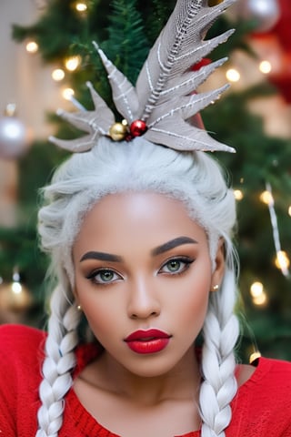 best quality, masterpiece, (chameleonic photo) of african girl , white hair, grey eyes, lush & full lips, clothes with Christmas themes, looking up, upper body, hair strand, Fair skin, side braids, (living room decorated for christmas), (acid colors), perfect contrast