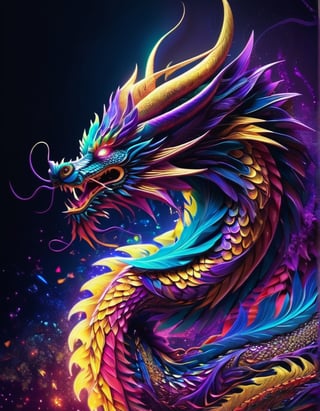 (Best quality), a majestic chinese dragon made of fractal forms, ((Astract style)), neons lights, (shiny lines), striking lighting, hyper details textures, hyper detailed skin, perfect contrast, 8k res.