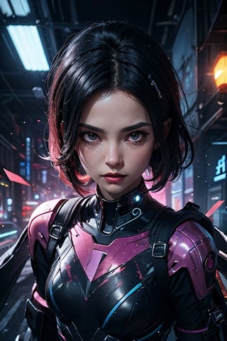 a girl,thunder yellow jacket,tight suit,Space helm of the 1960s,and the anime series G Force of the 1980s,Darf Punk wlop glossy skin,ultrarealistic sweet girl,space helm 60s,holographic,holographic texture,the style of wlop,space,mj,in the style of futuristic digital art,prismatic intelligence,glass fragments art,diagonal incisions,speed of light,cyberpunk makeup by Conor Harrington,by Brian Oldham,dynamic pose close up,cinematic,extreme artistic,abstract cyberpunk city background,digital purgatory,shattered in motion,techwear fashion,light black and magenta,artstation,energetic expressionism,Niji Kei,midjourney