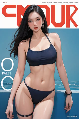 1girl, thigh up body, ((swimming girl,)) standing, hairstyle, looking at viewer, detailed clothes, earrings, magazine cover, chimai