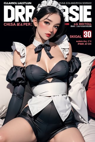 lustful, ((maid,)) thigh up body, 1girl, looking at viewer, intricate clothes, professional lighting, different hairstyle, coloful outfit, magazine cover, outline, chimai