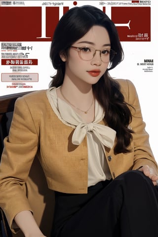 ((styled clothes, looking at viewer,)) different hairstyle, necklace, eyeglasses, 1girl, ultra detailed, best quality, sharp focus, natural lighting, ((magazine cover,)) huondey,