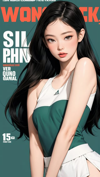 1girl, standing, thigh up body, hairband, ((looking at viewer, tennis girl outfit,)) 2D artstyle, magazine cover, outline, earings, blush, green background, hairstyle, ultra detailed, best quality, sharp focus, kmiu,sim,haohaoulz,aespawinter,huondey,seolhuyn,jennie