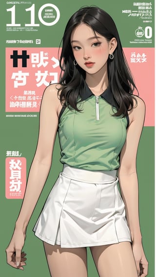 1girl, standing, thigh up body, ((looking at viewer, tennis girl outfit, center opening,)) 2D artstyle, magazine cover, outline, earings, blush, green background, hairstyle, ultra detailed, best quality, sharp focus, ,DiaSondef,sophiesw,Mia ,Anna ,mthanhh