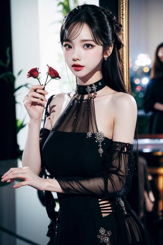 full body, 1girl,8k wallpaper,extremely detailed figure, amazing beauty, detailed characters, indoor,black dress, holding flowers, light and shadow, depth of field, light spot, reflection,upper body,nigth,street