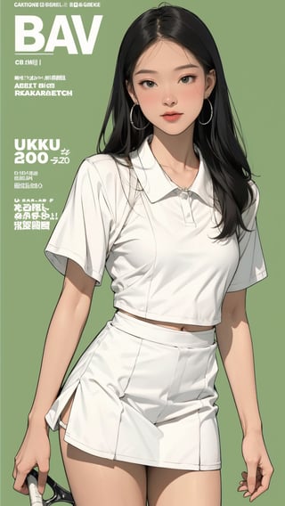 1girl, standing, thigh up body, ((looking at viewer, tennis girl outfit, center opening,)) 2D artstyle, magazine cover, outline, earings, blush, green background, hairstyle, ultra detailed, best quality, sharp focus, ,DiaSondef,sophiesw,Mia ,Anna ,mthanhh