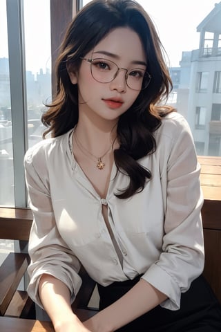 ((styled clothes, looking straight at viewer,)) necklace, eyeglasses, 1girl, ultra detailed, best quality, sharp focus, natural lighting, huondey,