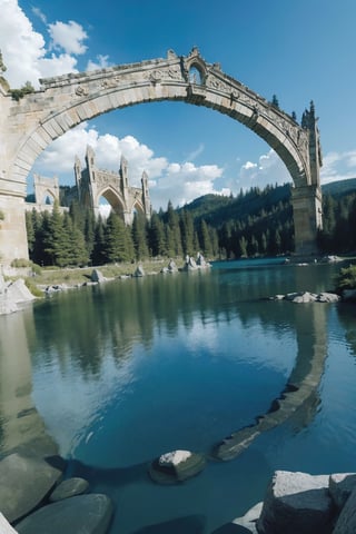 Real lighting, (realistic:0.7), (3D:0.7), (solo:1.3),(Extremely complex elaborate stone arches:1.3), (Lake background:1.3), Cloud cover, best shades