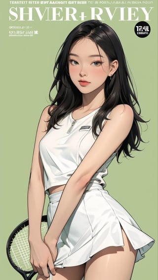 1girl, standing, thigh up body, ((looking at viewer, tennis girl outfit, center opening,)) 2D artstyle, magazine cover, outline, earings, blush, green background, hairstyle, ultra detailed, best quality, sharp focus, ,DiaSondef,sophiesw,Mia ,Anna ,mthanhh