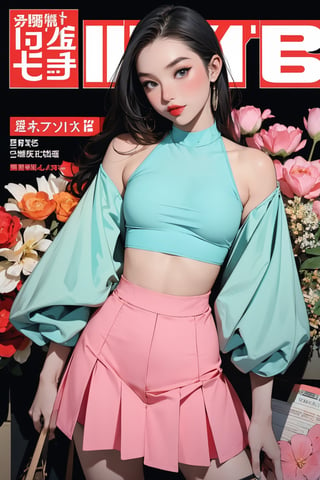 colorful theme, 1girl, singer, idol, looking at viewer, dynamic composition, standing,  styled croptop, skirt, cut out clothes, ultra detailed, best quality, sharp focus, natural lighting, magazine cover, aespakarina,chimai,chimaiv7