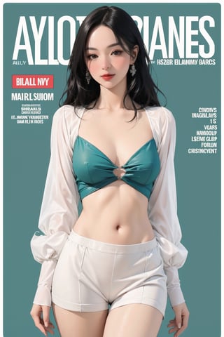 lustful, allure, sexy, 1girl, thigh up body, detailed beautiful face, detailed beautiful eyes, looking at viewer, translucent, intricate clothes, cutout clothes, navel cutout, cinematic lighting, different hairstyle, magazine cover, green background, sim