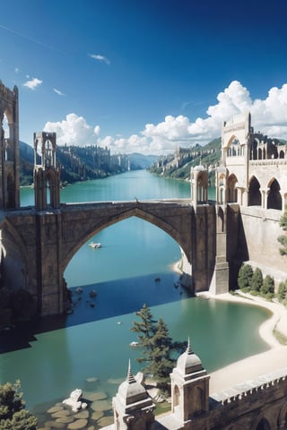 Real lighting, (realistic:0.7), (3D:0.7), (solo:1.3),(Extremely complex elaborate stone arches:1.3), (Lake background:1.3), Cloud cover, best shades