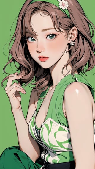 1girl, standing, thigh up body, hairband, ((looking at viewer, tennis girl outfit,)) 2D artstyle, magazine cover, outline, earings, blush, green background, hairstyle, ultra detailed, best quality, sharp focus, kmiu,sim,haohaoulz,aespawinter