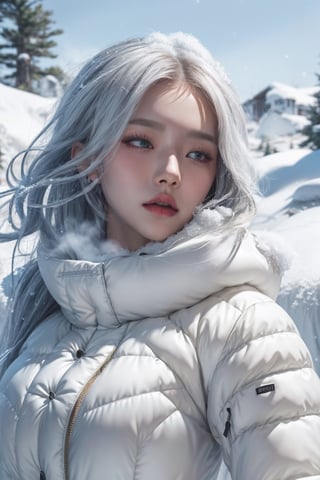 Illustrate a girl with the power of ice, featuring ice-white hair and clothing, set in a snowy landscape. Emphasize (((intricate details))), (((highest quality))), (((extreme detail quality))), and a (((captivating winter composition))). Use a palette of cool blues and whites, drawing inspiration from artists like Artgerm, Sakimichan, and Stanley Lau,midjourney