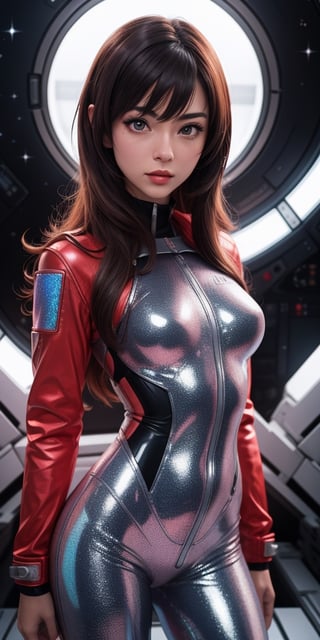 close-up face shot, 1 girl, [Monica Belluci], fiery red jacket, tight suit,Space helm of the 1960s,and the anime series G Force of the 1980s,detailed glossy skin, ultrarealistic sweet girl, space helm 60s, holographic, holographic texture, space,  fashion photography, high resolution, detailed, dreamy, depth of field.