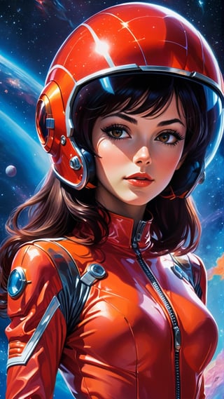 close-up face shot, 1 girl, [Monica Belluci], fiery red jacket, tight suit,Space helm of the 1960s,and the anime series G Force of the 1980s,detailed glossy skin, ultrarealistic sweet girl, space helm 60s, holographic, holographic texture, space,  fashion photography, high resolution, detailed, dreamy, depth of field.