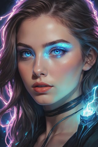 realistic, masterpiece, best quality, 1girl, blue_eyes, blue_fire, electricity, energy, fire, glowing, glowing energy from eyes, hitodama, lips, looking_at_viewer, magic, realistic, solo, art by greg rutkowski and sachin teng 