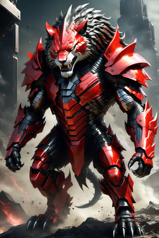 an angry and deadly alien lion creature wearing Hi-Tech mechanical cybernetic robotic armor:

"Generate an image of a fearsome and enraged alien creature, its demeanor oozing with lethal intent. The creature is adorned in a menacing Hi-Tech mechanical cybernetic robotic armor, a formidable suit of black and red. This armor is designed for maximum destruction, with sharp edges and dangerous protrusions that reflect its deadly nature.

The creature's eyes burn with an intense, glowing red, further emphasizing its malevolent disposition. These fiery eyes pierce through the darkness, radiating an aura of danger and imminent threat.

The Hi-Tech muscular armor tightly envelops the creature's formidable physique, enhancing its already formidable strength. Every detail of the armor exudes danger, from the intricate machinery to the deadly weaponry integrated into its design.

Set this formidable creature against the perfect background that complements its deadly aura. Whether it's a post-apocalyptic wasteland, a futuristic battleground, or a nightmarish alien world, the background should accentuate the creature's menacing presence.

This image should be a visual masterpiece that captures the alien creature's anger and lethality, with an attention to detail that showcases the Hi-Tech aspects of its armor and the dangerous atmosphere of its surroundings."