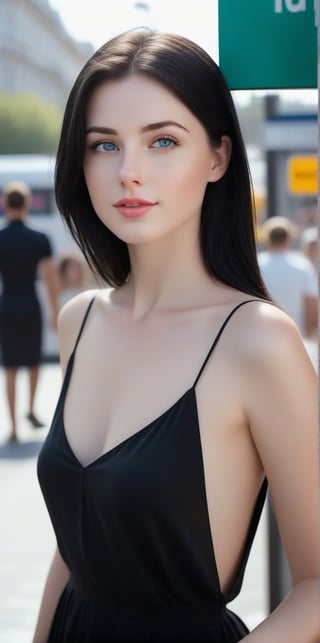 Sexy European girl, 28 years old, slightly freckled, blue eyes, wet lips, black straight hair, white dress, black skirt, in the middle of the busy and crowded city, at the bus stop, among the people at the stop, waiting for the bus to arrive ((wide perspective), hyper realistic, ((wide perspective photography)) digital art, modern, stylish, highly detailed, colorful, smooth, attractive, beautiful, soft smile, soft lips, sexy, far angle, wide angle,flat chested,1girl