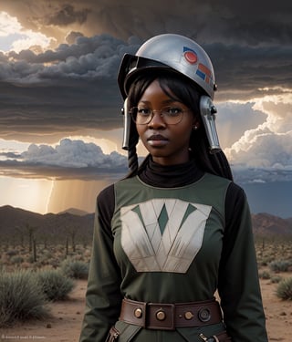 ((A Young african lady on glasses wearing a star wars native clothings made of paper with a helmet)) , sage, ((Fashion)), sunset light, cinematic shot, portrait, ((in a windy desert storm scene)), mirror effect intricate, Ultra Realistic detail,steampunk style,steampunk,vibrant, 8k,amazing,beautiful, watercolor, pastoral,weapon,High detailed ,style, Comic art style, Anime,3DMM