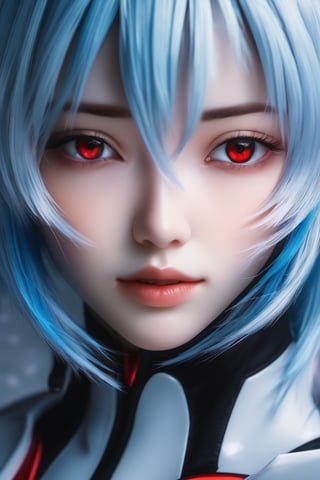 Close-up details, realistic style photo soft lighting, dimension,  details, score_9, score_8_up, score_7_up, ayanami_rei, blue hair, red eyes,  face