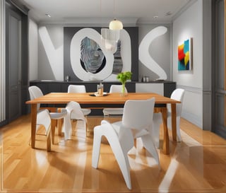 Dining room, modern black and white mat under the table, large rectangle wooden table, six high back elegant chairs,  ((same chairs)), 4 led lights on roof,art_deco_fusion, elegant pictures on the wall,interior, pearly color walls. vibrant colors